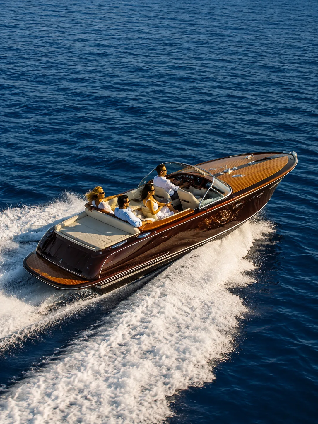 A classic mahogany tender underway with guests aboard