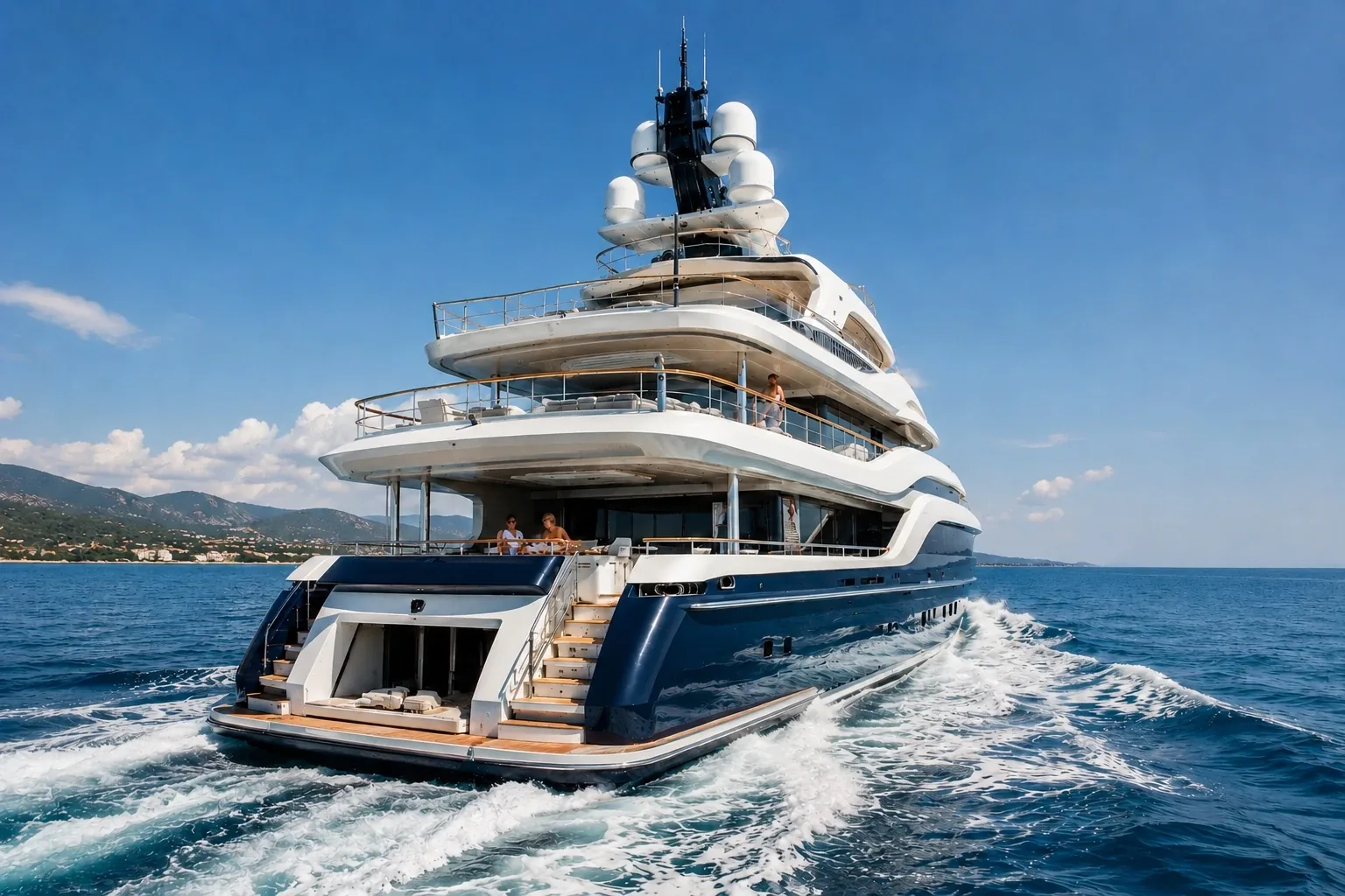 A superyacht at anchor in calm water