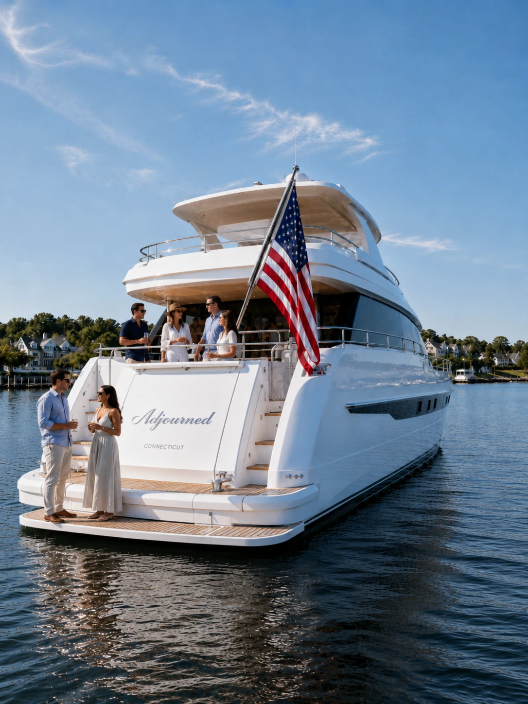 A motor yacht underway on calm coastal water in midday light