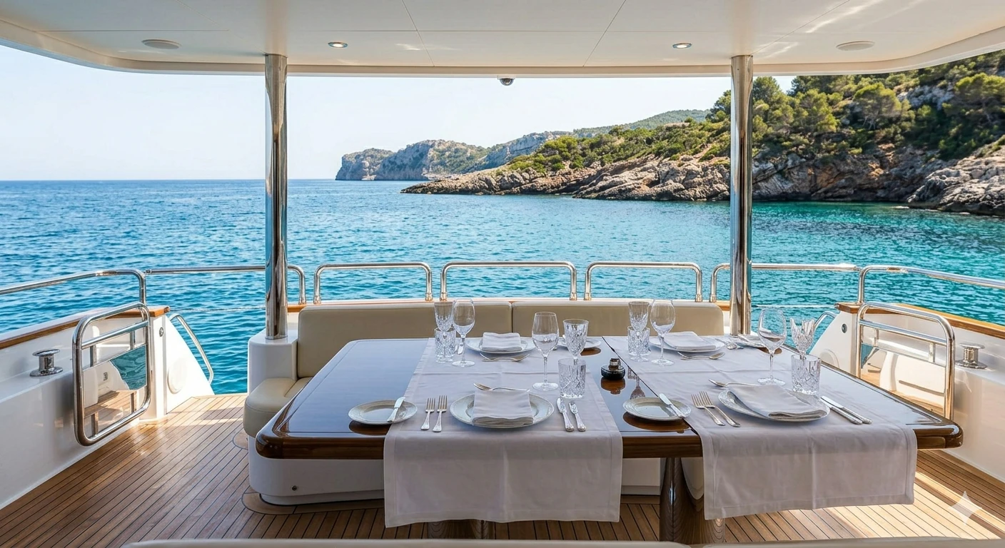 Formal dining table set on the deck of a superyacht