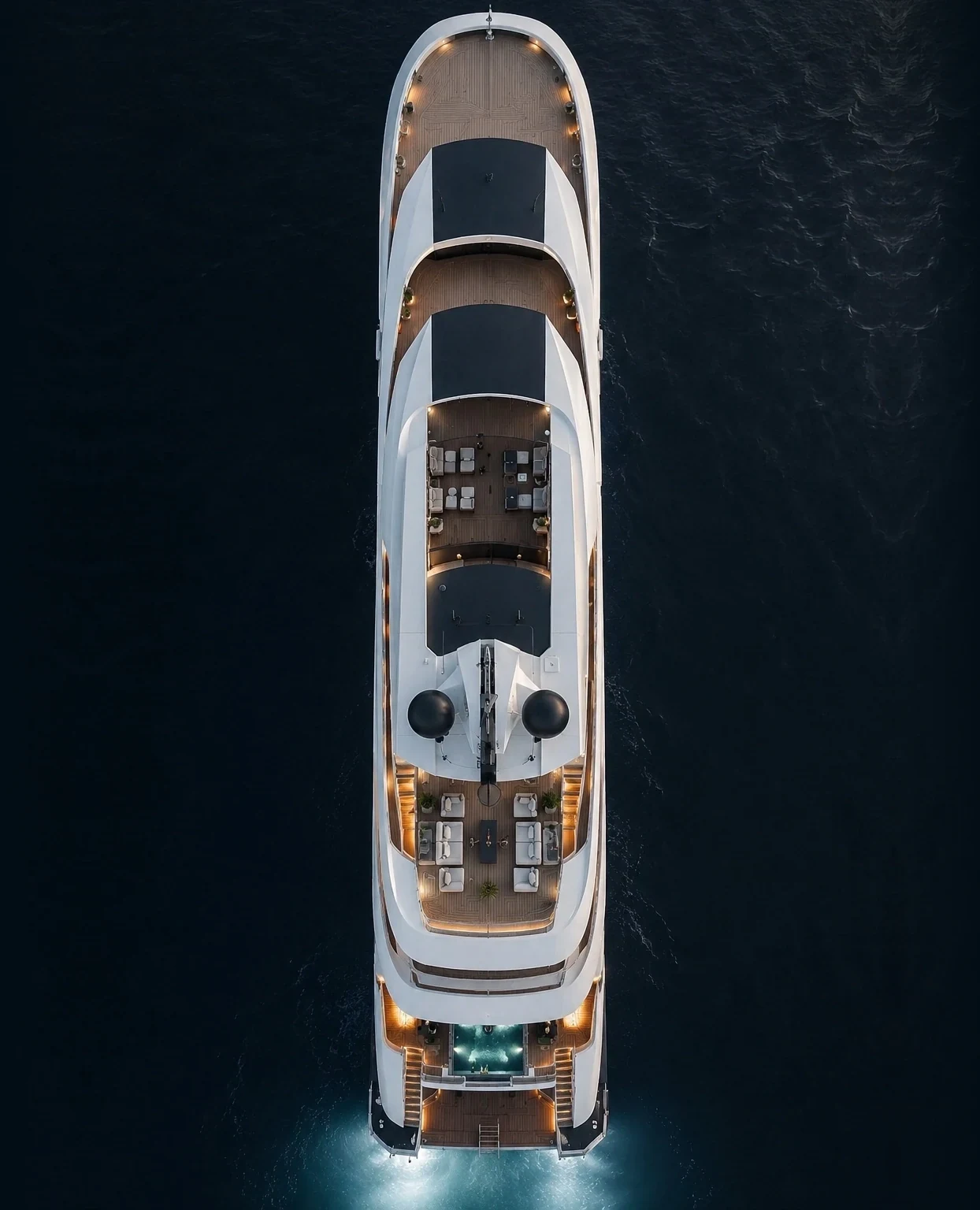 Aerial view of a motor yacht underway