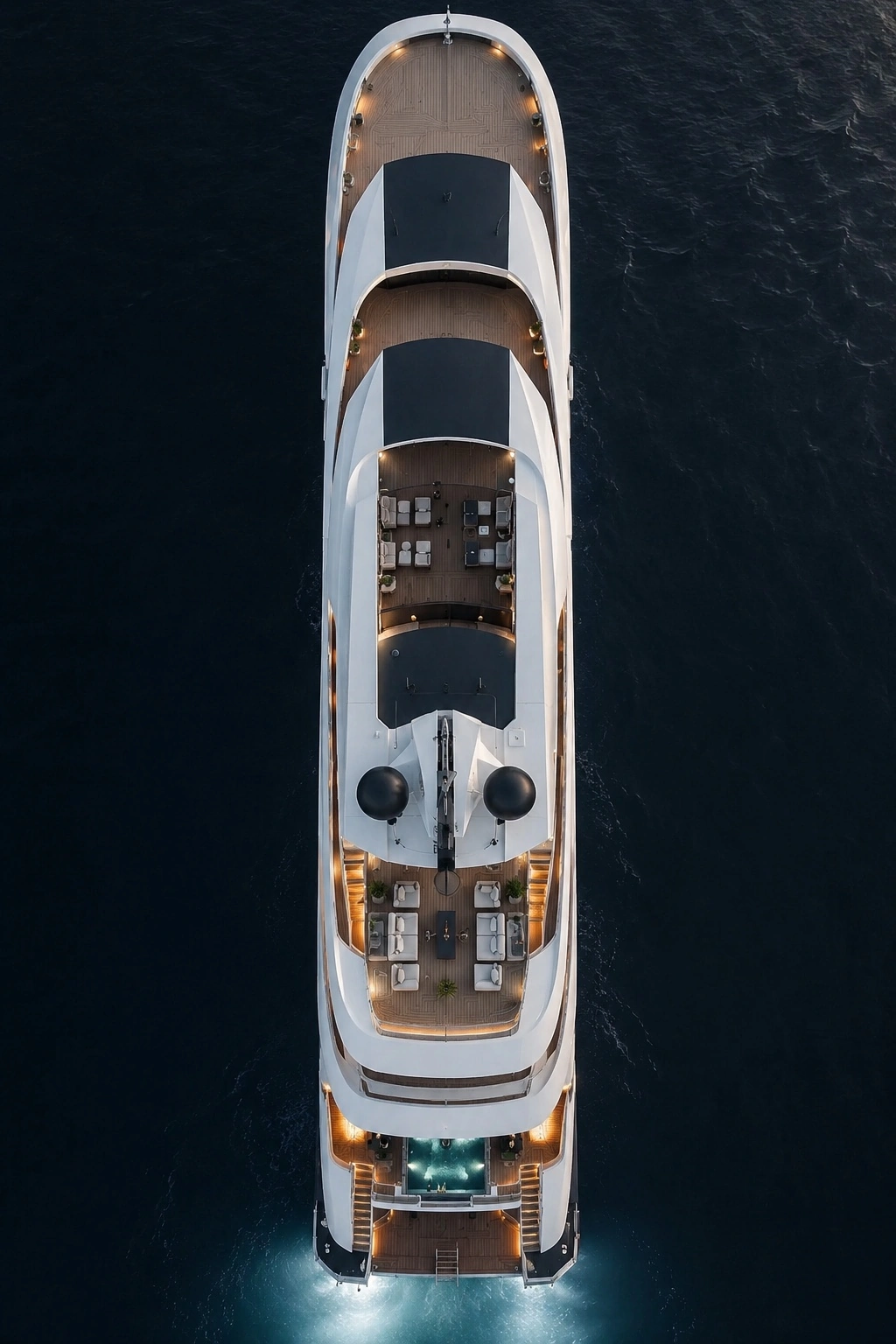 Aerial view of a motor yacht underway