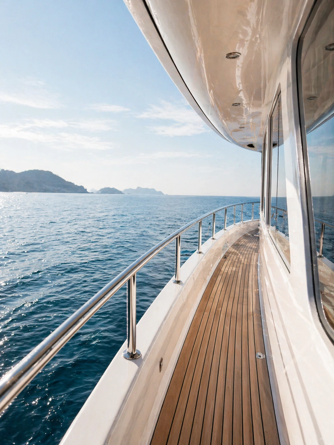 A yacht deck looking forward to the bow at golden hour