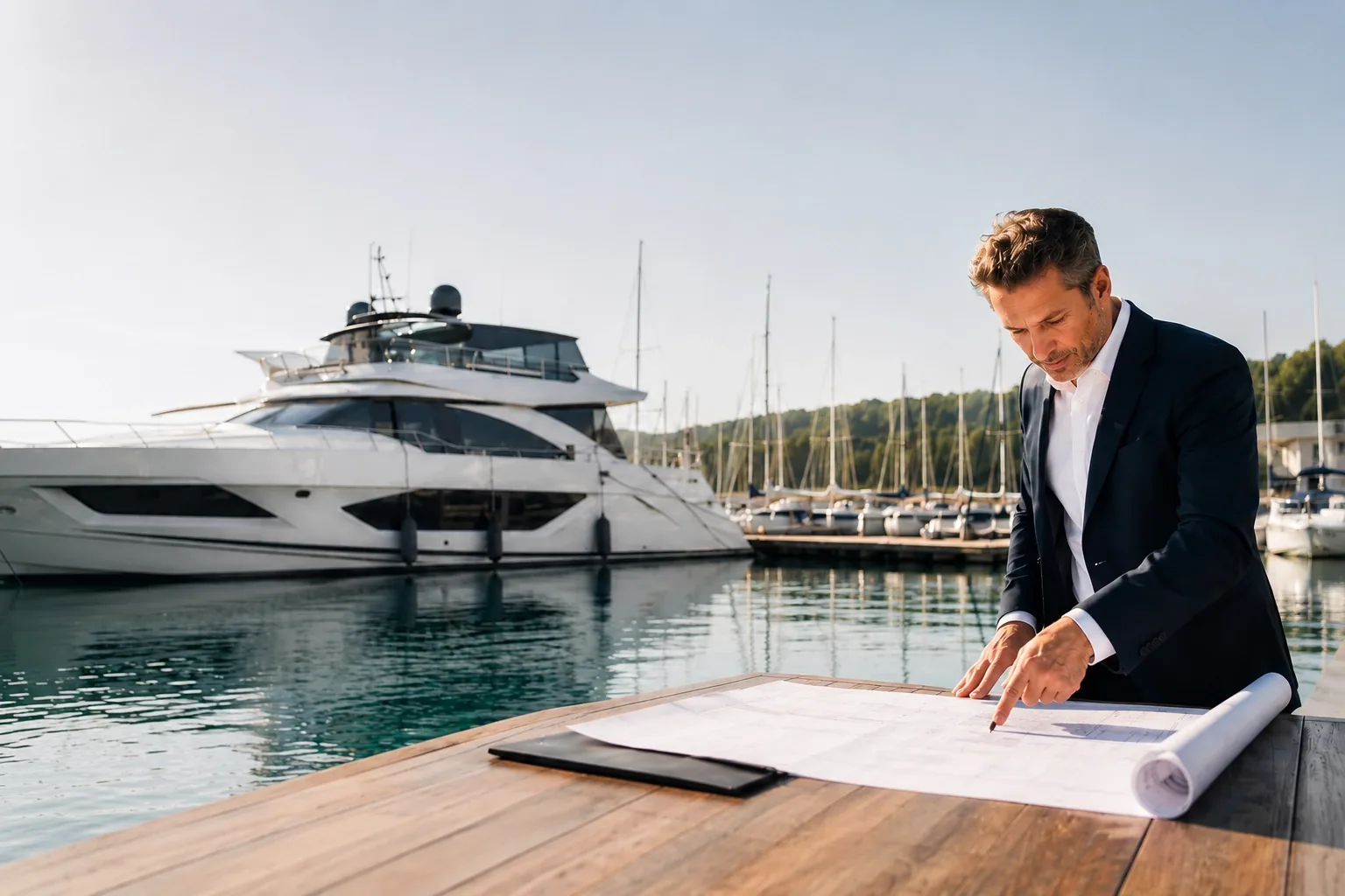A yacht advisor at a marina reviewing build plans