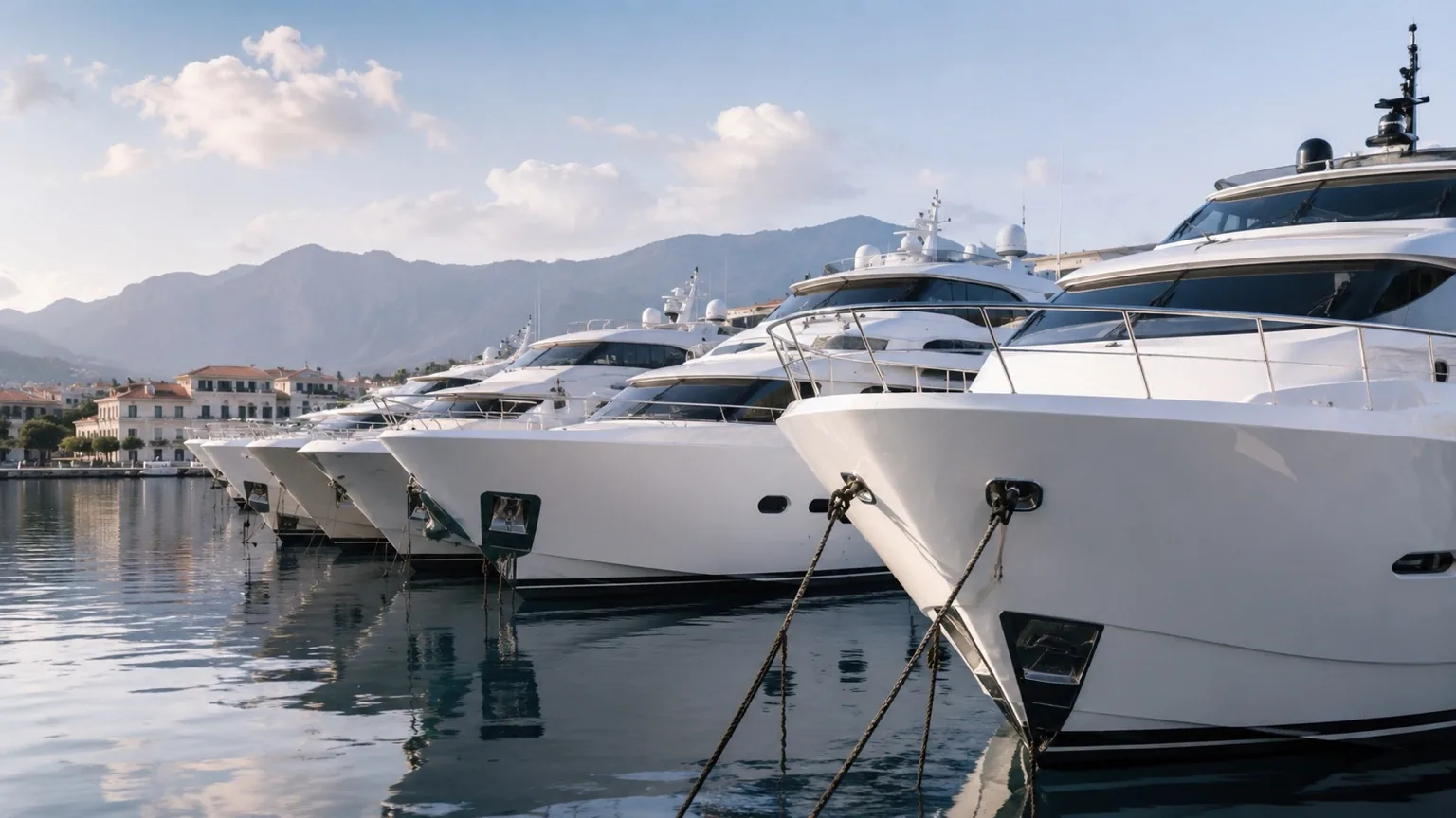 A large yacht berthed in a marina at dusk