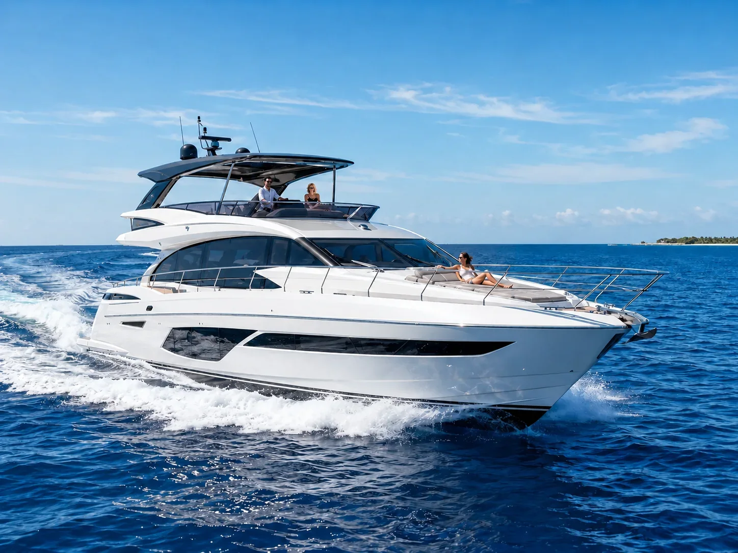 A motor yacht underway with owners aboard