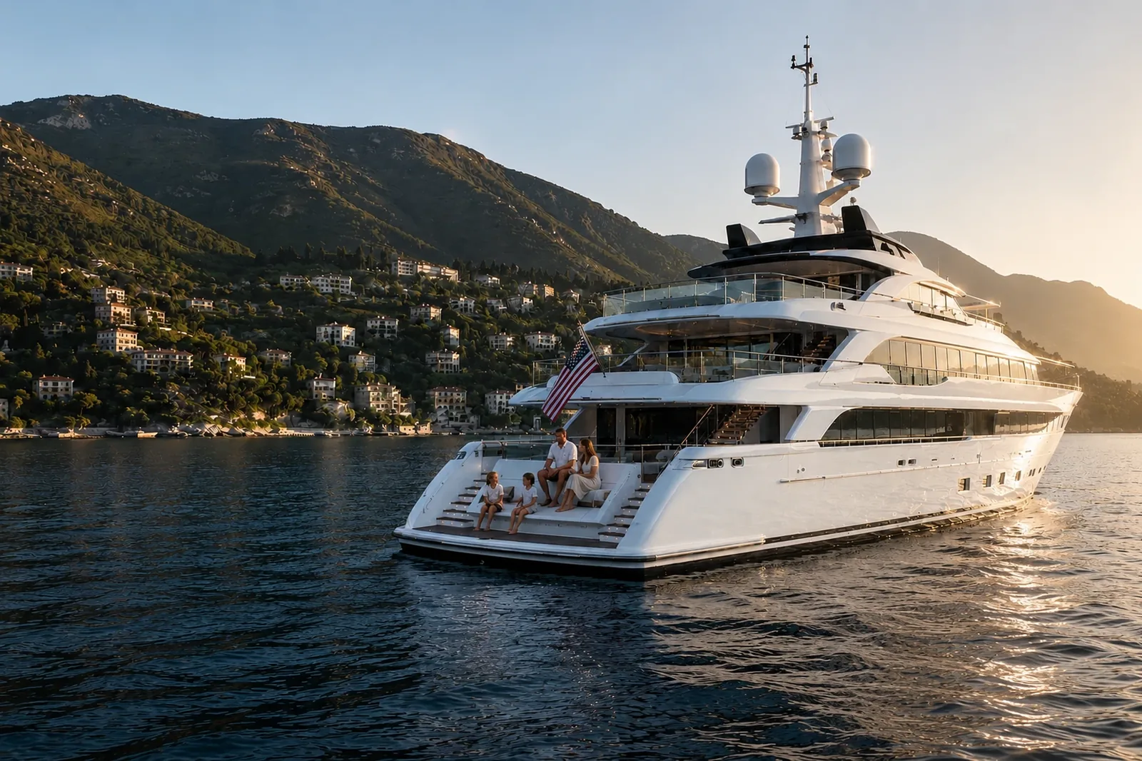 A superyacht at anchor in a Mediterranean cove at golden hour