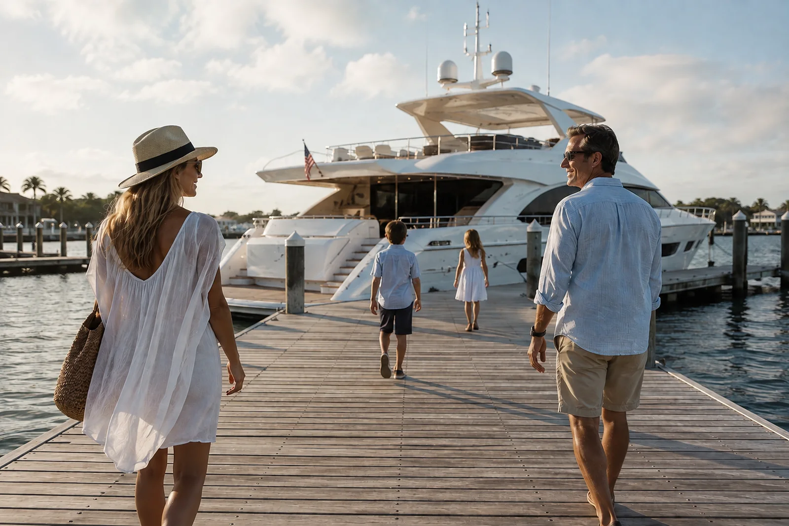 A family walking down a dock toward a moored motor yacht at golden hour