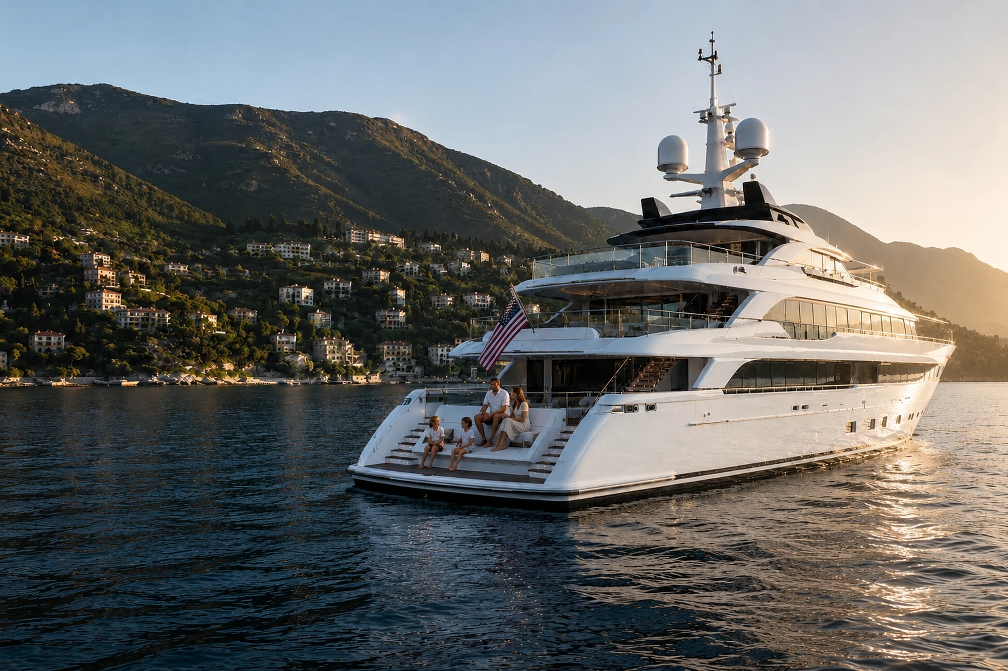 A superyacht at anchor in a Mediterranean cove at golden hour